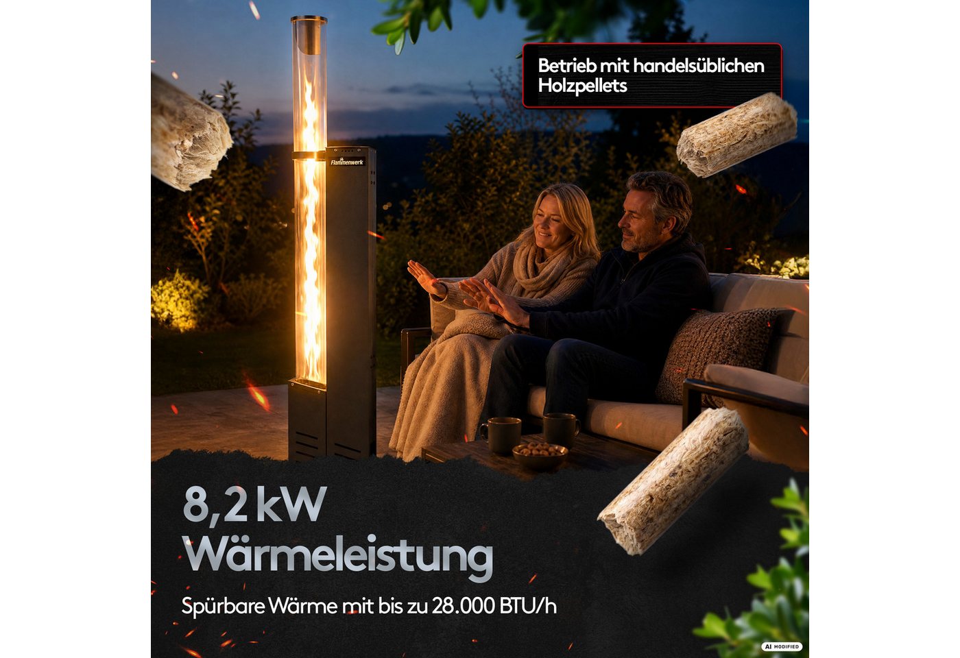 Flammenwerk Feuerschale Pelletofen Outdoor Gartendeko 120 cm Glasrohr Fackel, (Feuerrohr Antrazit, Feuerrohr Antrazit), 28.000 BTU mit 2,6 kg Kapazität Bild 2