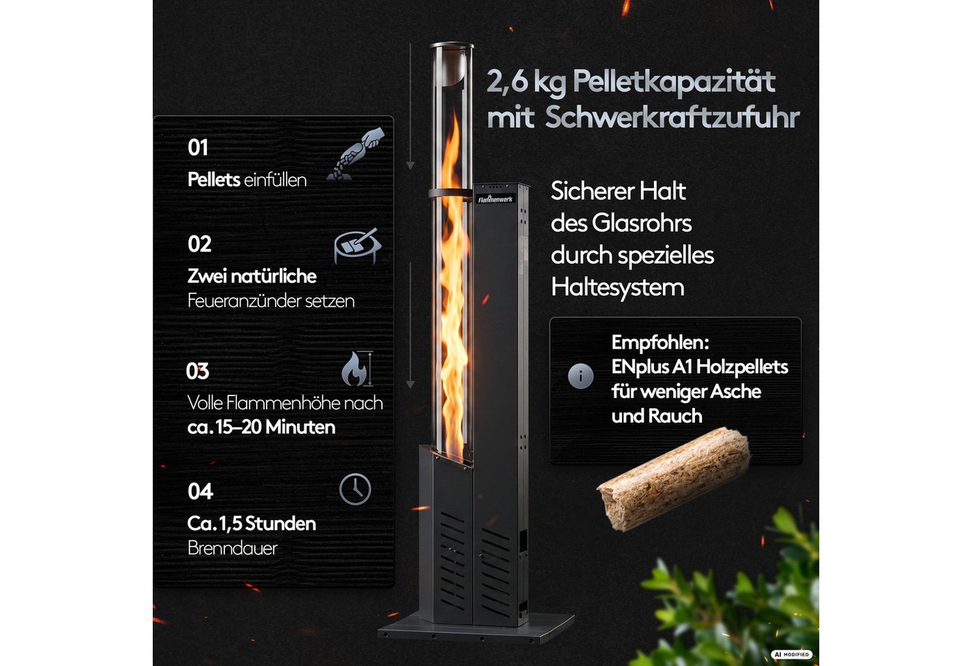 Flammenwerk Feuerschale Pelletofen Outdoor Gartendeko 120 cm Glasrohr Fackel, (Feuerrohr Antrazit, Feuerrohr Antrazit), 28.000 BTU mit 2,6 kg Kapazität Bild 3