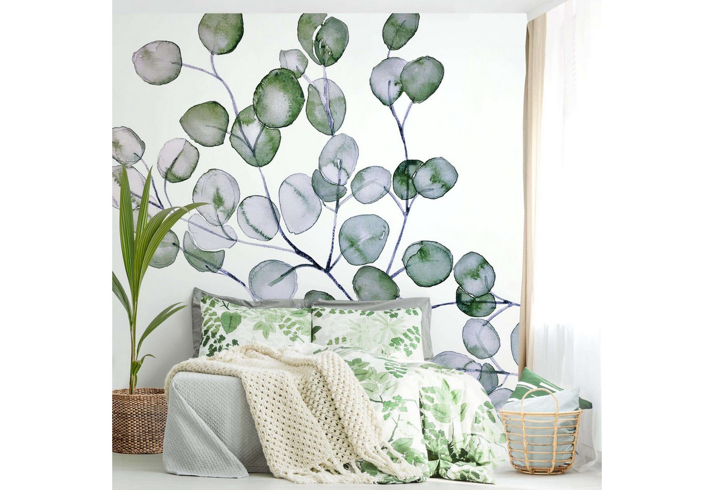 Bilderdepot24 Fototapete Blumen Grün Aquarell Eukalyptuszweig Blumentapete Floral Natur modern, Glatt, Matt, (Vliestapete inkl. Kleister oder selbstklebend), Wohnzimmer Schlafzimmer Küche Flur Motivtapete Vliestapete Wandtapete Bild 2