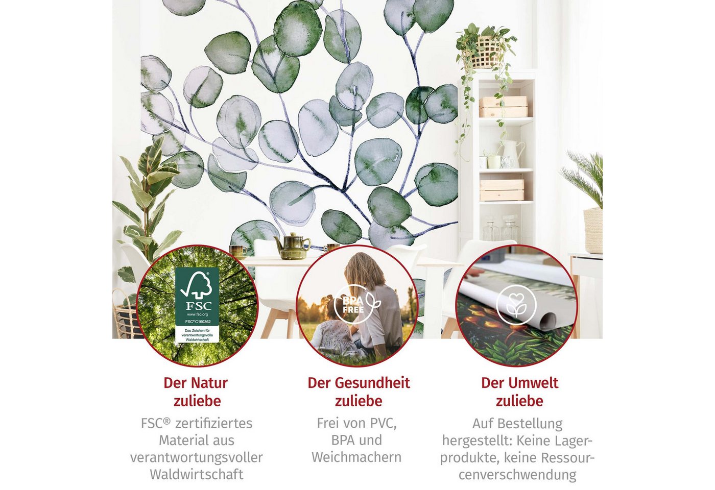 Bilderdepot24 Fototapete Blumen Grün Aquarell Eukalyptuszweig Blumentapete Floral Natur modern, Glatt, Matt, (Vliestapete inkl. Kleister oder selbstklebend), Wohnzimmer Schlafzimmer Küche Flur Motivtapete Vliestapete Wandtapete Bild 3