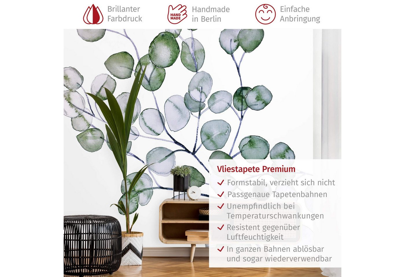 Bilderdepot24 Fototapete Blumen Grün Aquarell Eukalyptuszweig Blumentapete Floral Natur modern, Glatt, Matt, (Vliestapete inkl. Kleister oder selbstklebend), Wohnzimmer Schlafzimmer Küche Flur Motivtapete Vliestapete Wandtapete Bild 5