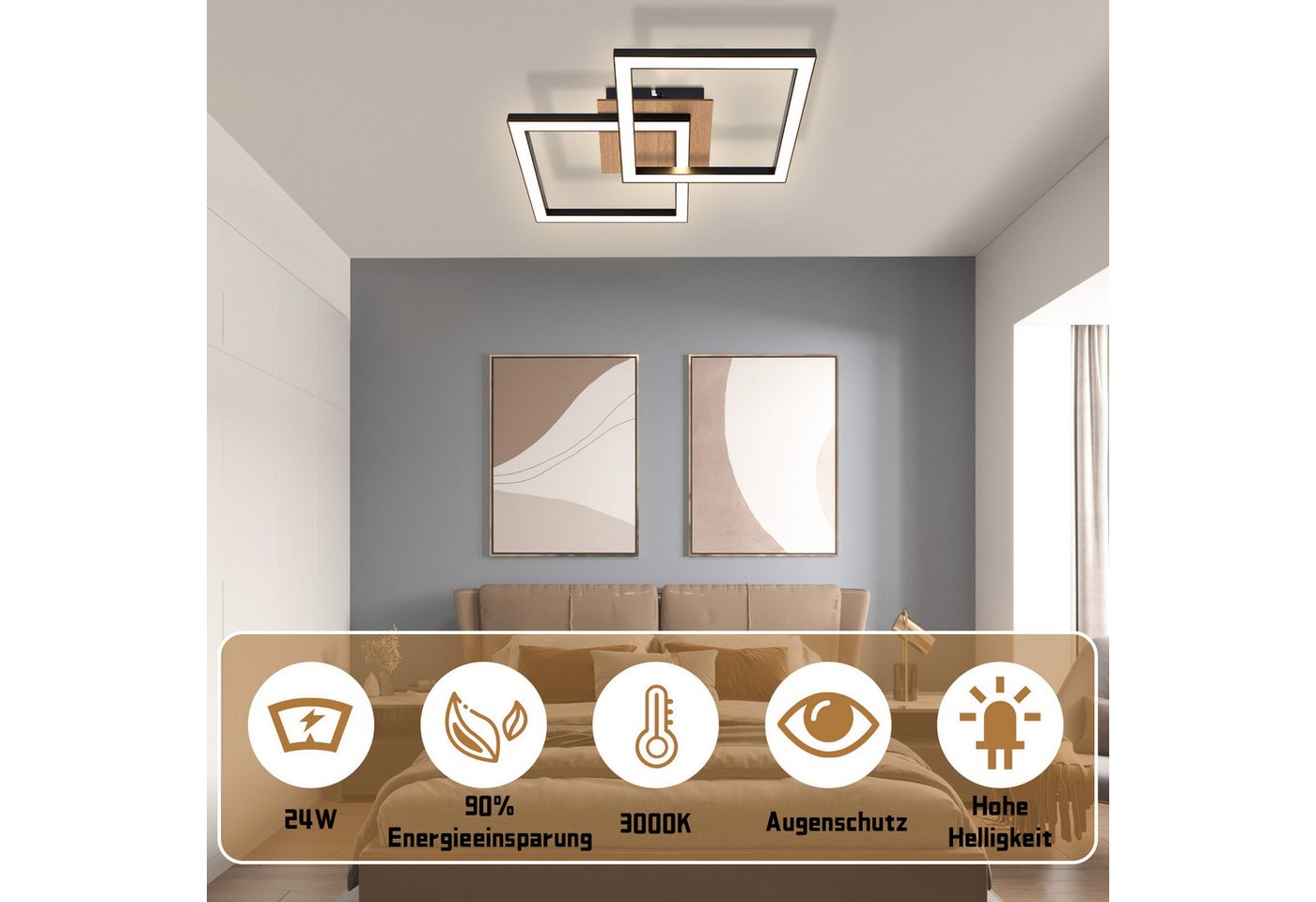 Nettlife Deckenleuchte 12/24/32W,3000K, Quadratisch,Holz,Schwarz Moderne Deckenlampe, LED fest integriert, Warmweiß, für Küche Wohnzimmer Schlafzimmer Flur Esszimmer 33.3*33*6.1cm