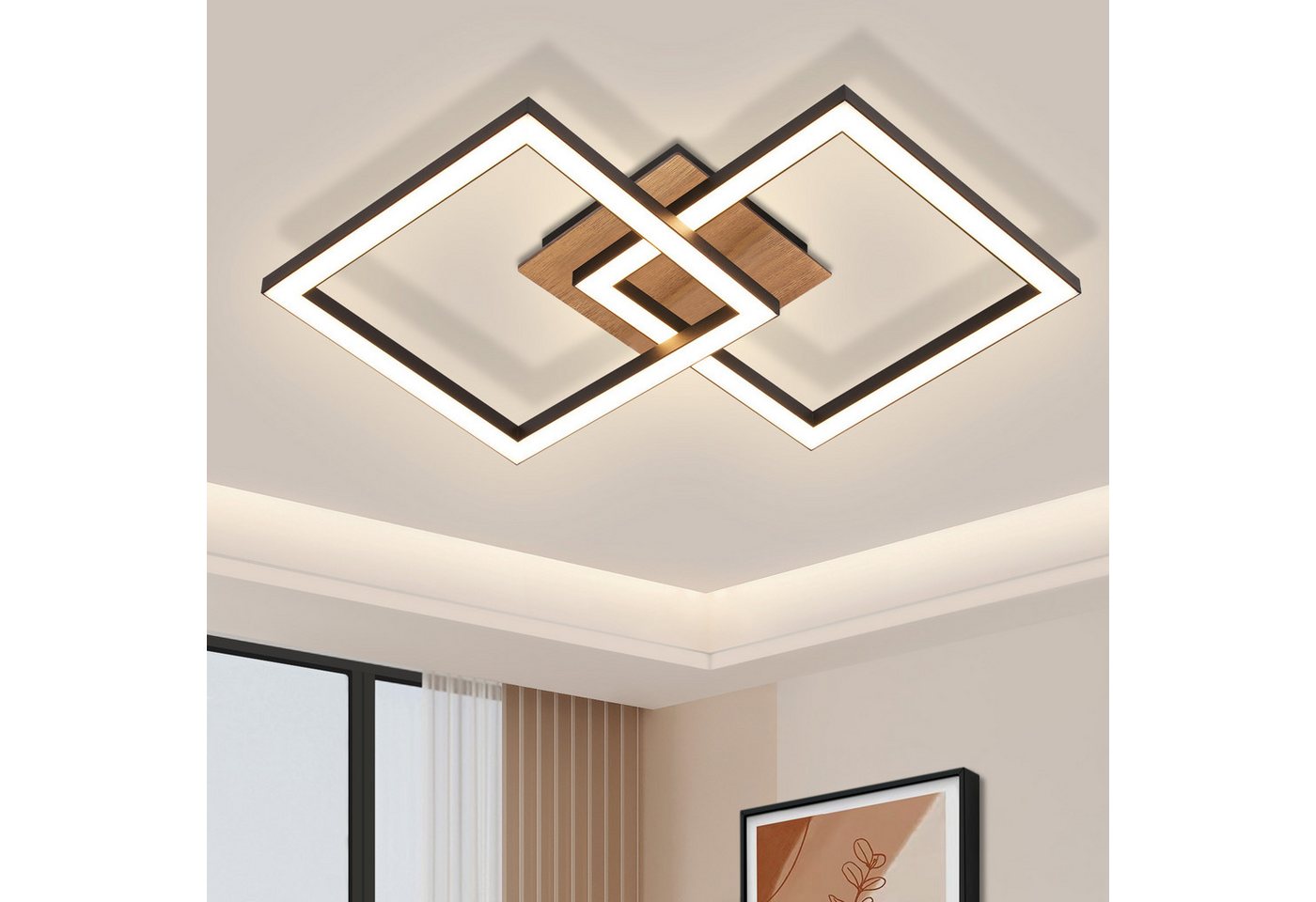 Nettlife Deckenleuchte 12/24/32W,3000K, Quadratisch,Holz,Schwarz Moderne Deckenlampe, LED fest integriert, Warmweiß, für Küche Wohnzimmer Schlafzimmer Flur Esszimmer 33.3*33*6.1cm Bild 2