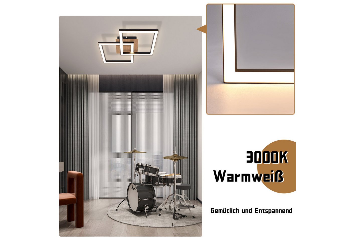 Nettlife Deckenleuchte 12/24/32W,3000K, Quadratisch,Holz,Schwarz Moderne Deckenlampe, LED fest integriert, Warmweiß, für Küche Wohnzimmer Schlafzimmer Flur Esszimmer 33.3*33*6.1cm Bild 4