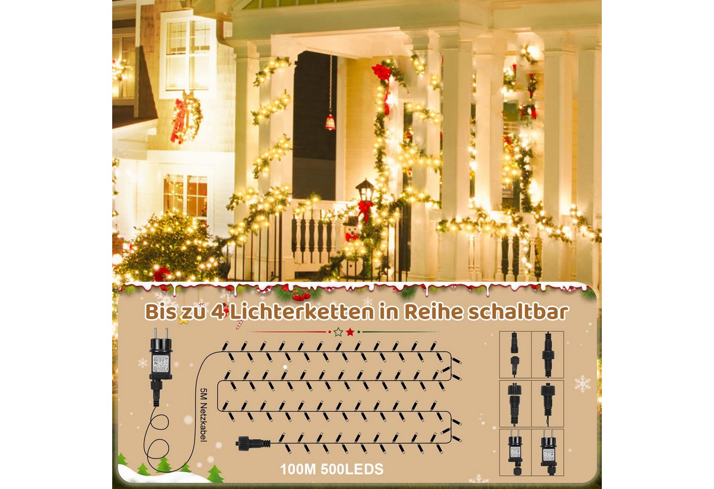 SERBASIC LED-Lichterkette Weihnachtsbaum,Weihnachtsbeleuchtung mit Timer 8 Modi Speicherfunktion, für Tannenbaum Garten Außen Innen Weihnachtsdeko Bild 4
