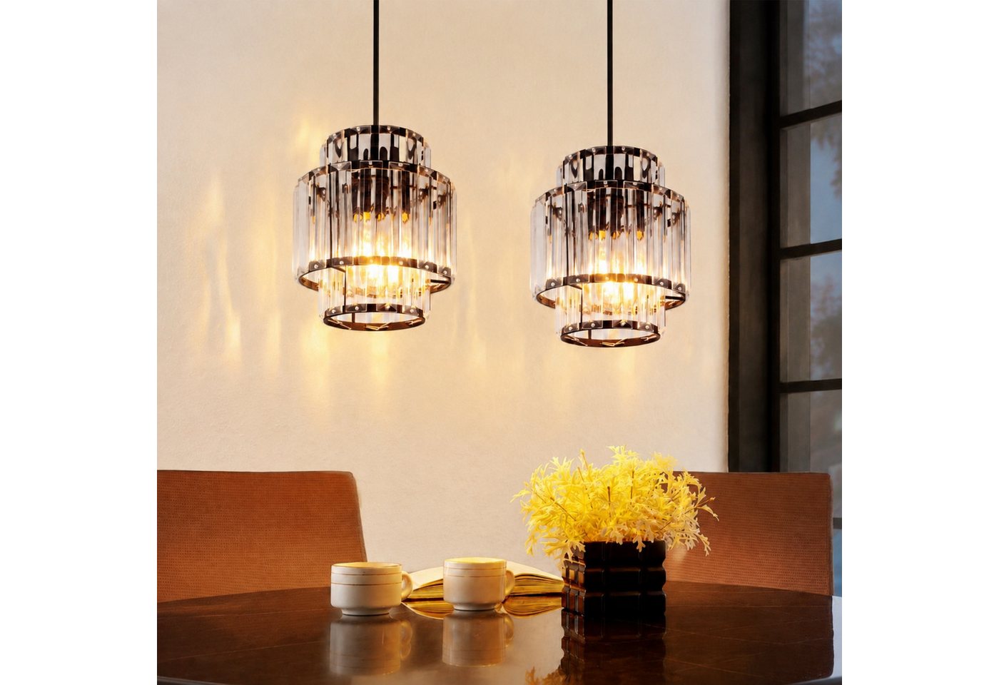 ZMH Pendelleuchte Esstisch 1-flammig, schwarze Hängeleuchte mit Kristallglas, E27, ohne Leuchtmittel, bis 143 cm höhenverstellbar, Modern Pendellampe für Küche & Esszimmer