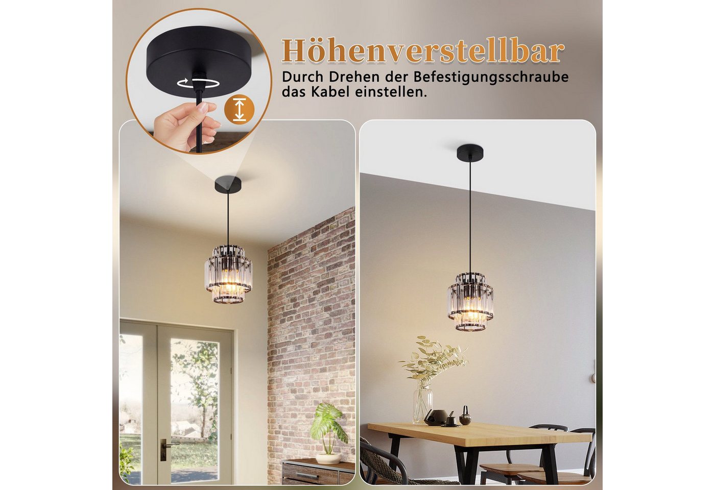 ZMH Pendelleuchte Esstisch 1-flammig, schwarze Hängeleuchte mit Kristallglas, E27, ohne Leuchtmittel, bis 143 cm höhenverstellbar, Modern Pendellampe für Küche & Esszimmer Bild 2