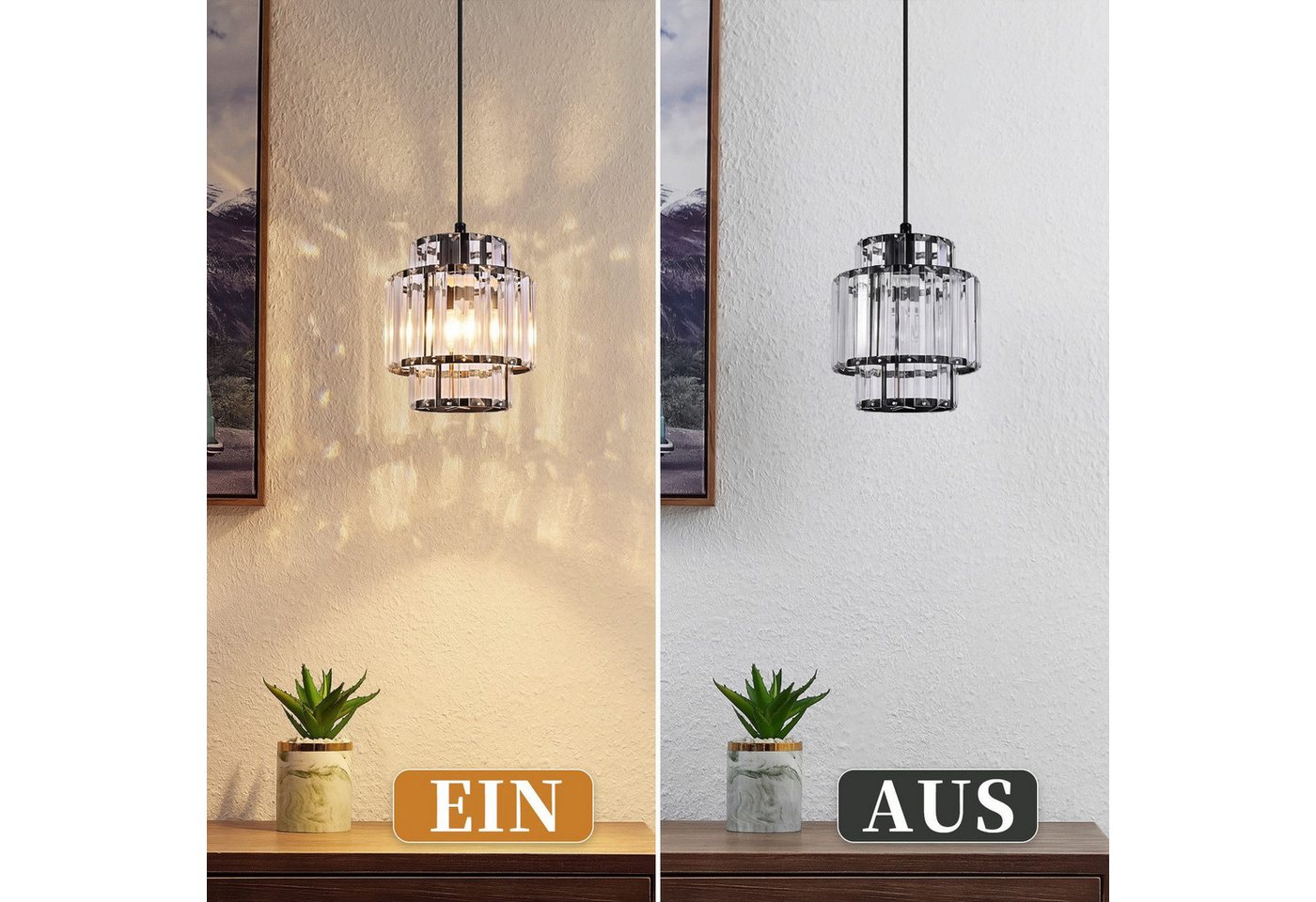 ZMH Pendelleuchte Esstisch 1-flammig, schwarze Hängeleuchte mit Kristallglas, E27, ohne Leuchtmittel, bis 143 cm höhenverstellbar, Modern Pendellampe für Küche & Esszimmer Bild 3
