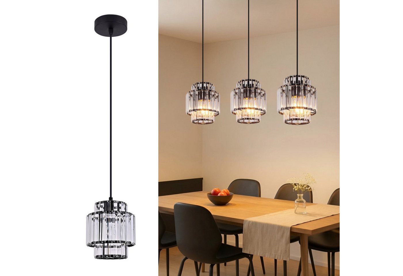 ZMH Pendelleuchte Esstisch 1-flammig, schwarze Hängeleuchte mit Kristallglas, E27, ohne Leuchtmittel, bis 143 cm höhenverstellbar, Modern Pendellampe für Küche & Esszimmer Bild 4