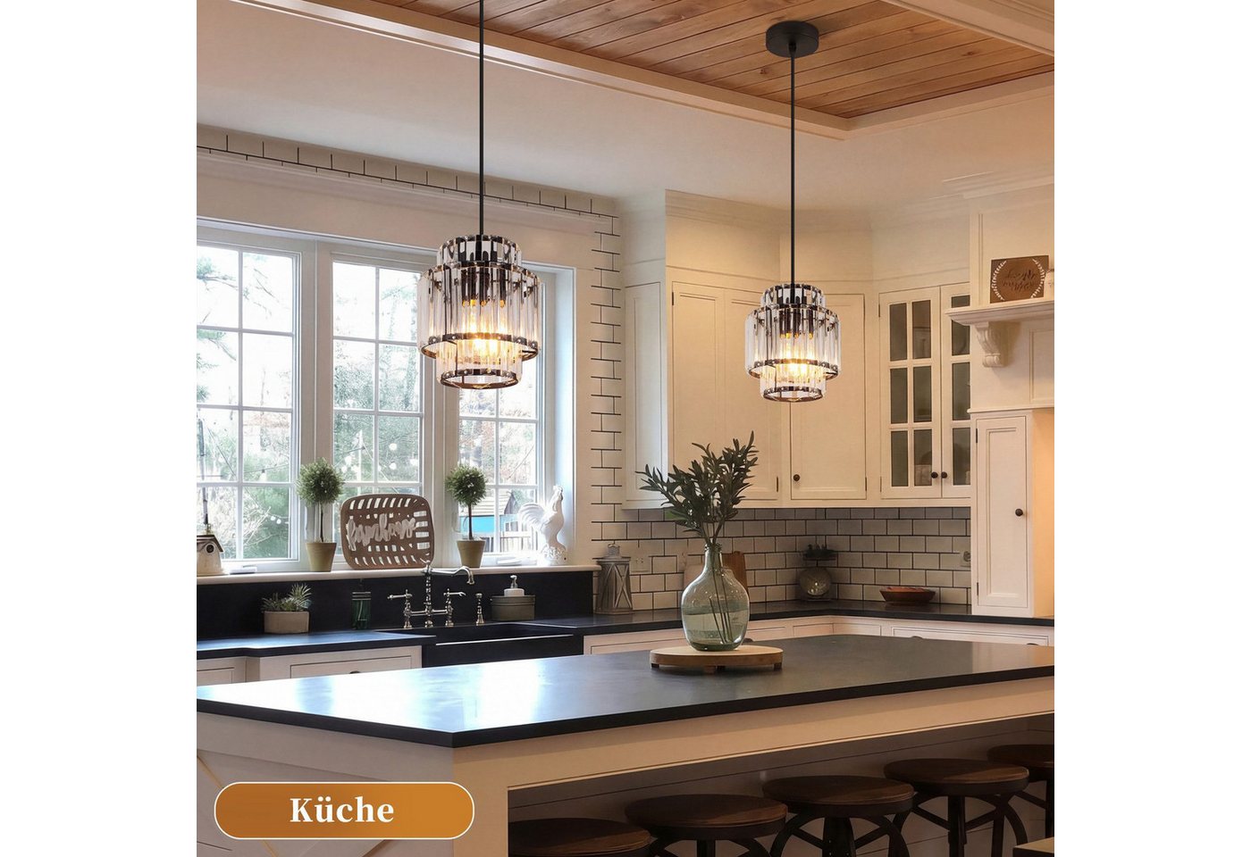 ZMH Pendelleuchte Esstisch 1-flammig, schwarze Hängeleuchte mit Kristallglas, E27, ohne Leuchtmittel, bis 143 cm höhenverstellbar, Modern Pendellampe für Küche & Esszimmer Bild 5