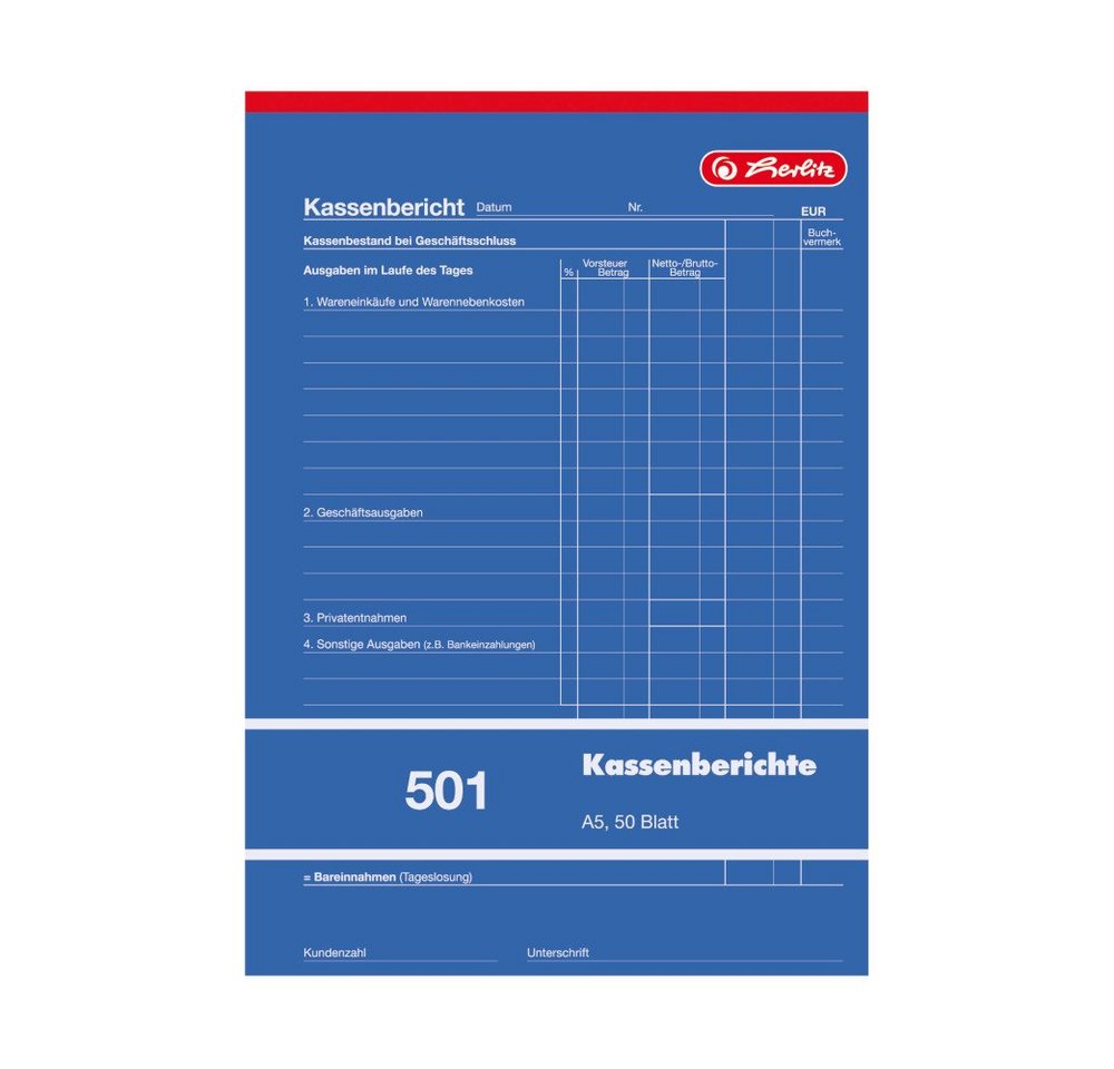 Herlitz Geschäftspapier Herlitz Kassenberichtsblock 501 / A5 / 50 Blatt