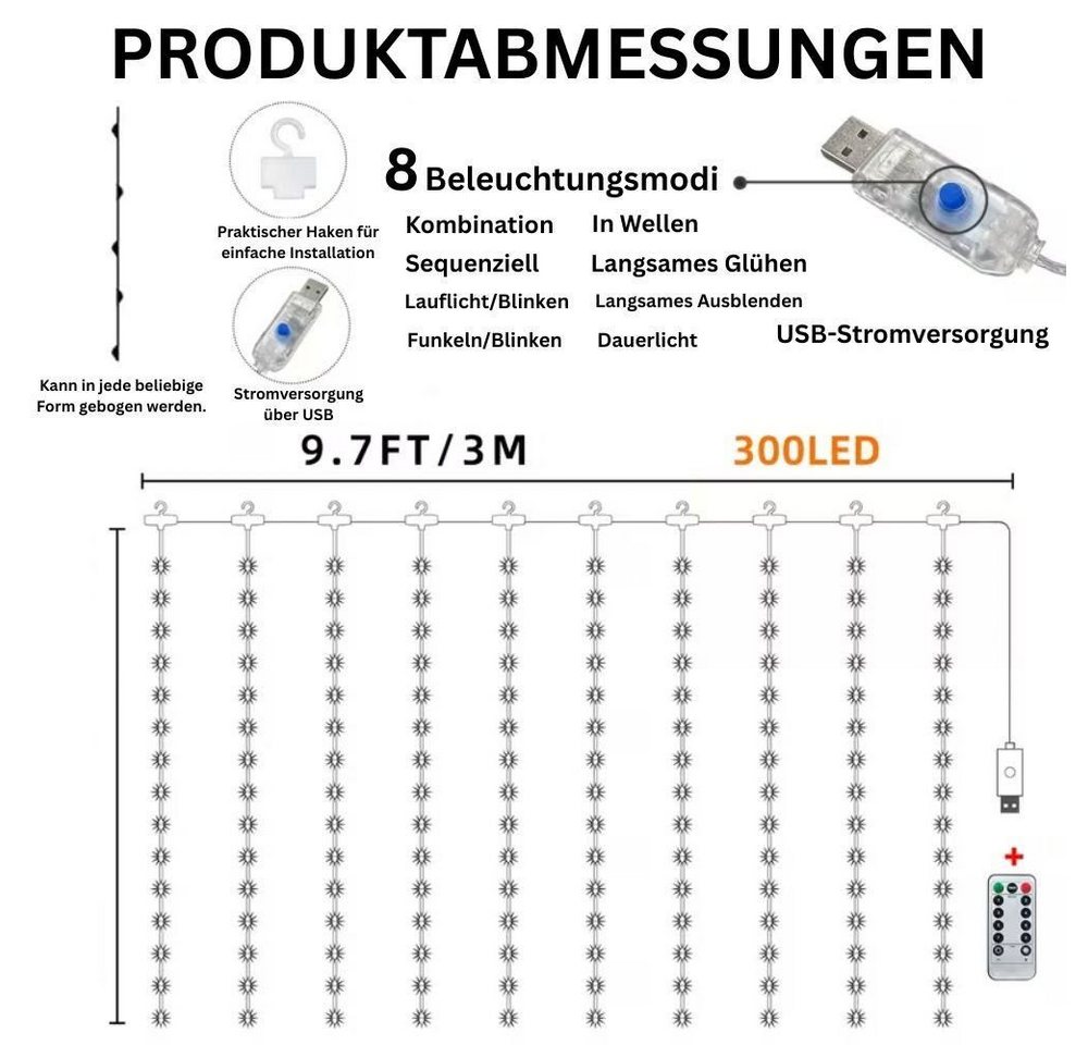 Wrischan LED-Lichtervorhang LED Lichtervorhang 300 LEDs Warmweiß mit Fernbedienung 8 Modi, 300 LEDs, 8 Modi, Timer, dimmbar, Fernbedienung, IP65