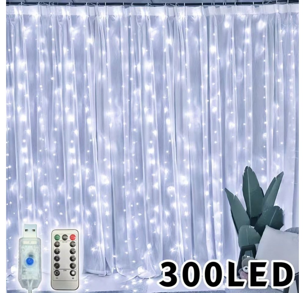 Wrischan LED-Lichtervorhang LED Lichtervorhang 300 LEDs Warmweiß mit Fernbedienung 8 Modi, 300 LEDs, 8 Modi, Timer, dimmbar, Fernbedienung, IP65 Bild 2
