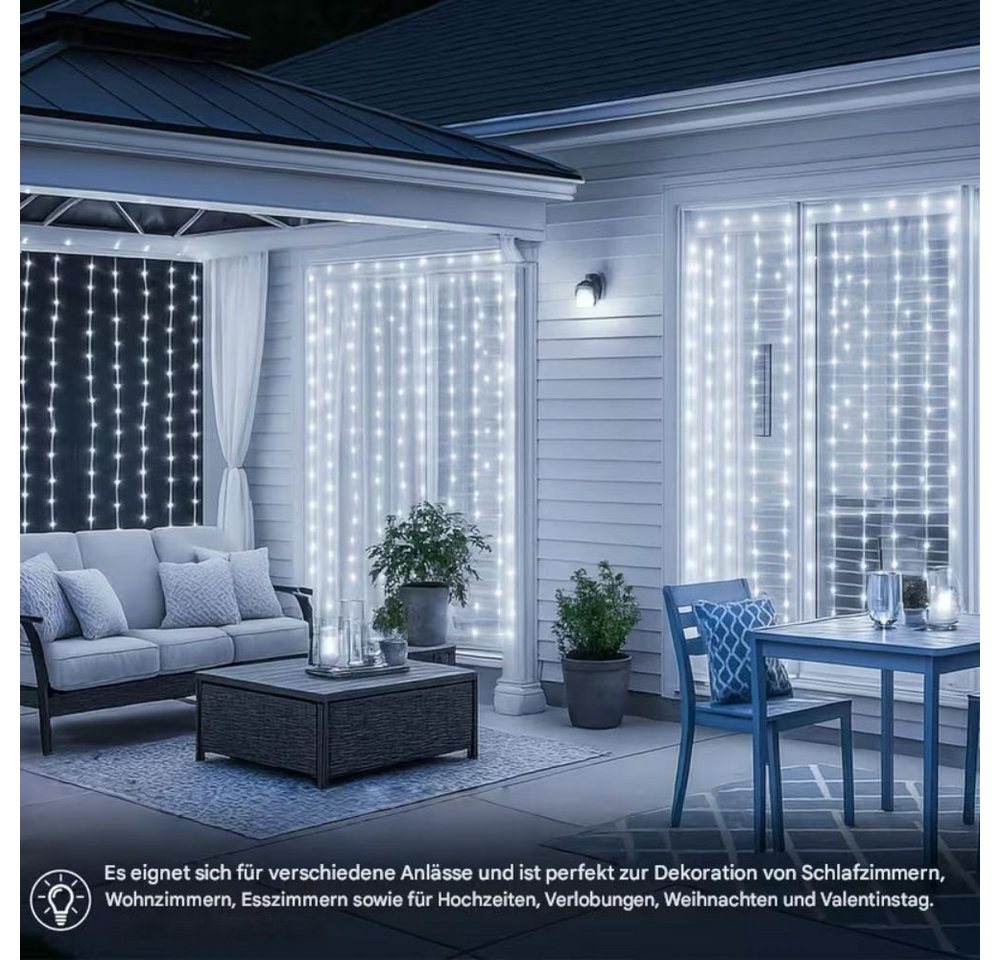Wrischan LED-Lichtervorhang LED Lichtervorhang 300 LEDs Warmweiß mit Fernbedienung 8 Modi, 300 LEDs, 8 Modi, Timer, dimmbar, Fernbedienung, IP65 Bild 4