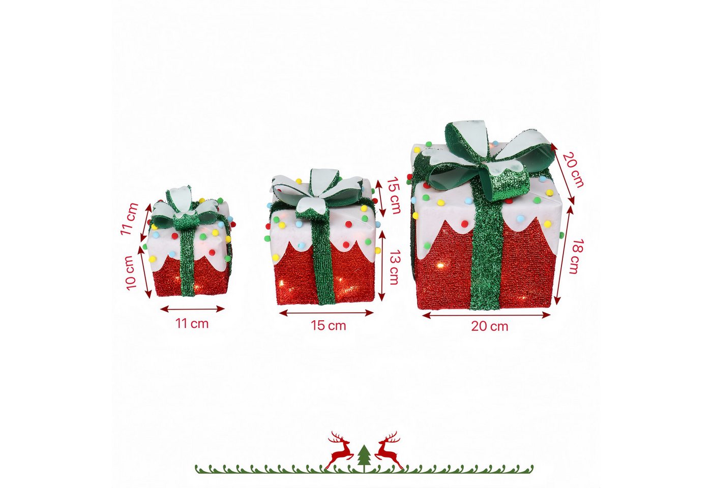 VINGLI LED Dekolicht 3er Set LED Geschenkboxen für Innen & Außen, 60 LEDs mit Baumwollbälle, Eisberg-Effekt, Bunte Kleine Baumwollbälle, Batteriebetrieben, Rot