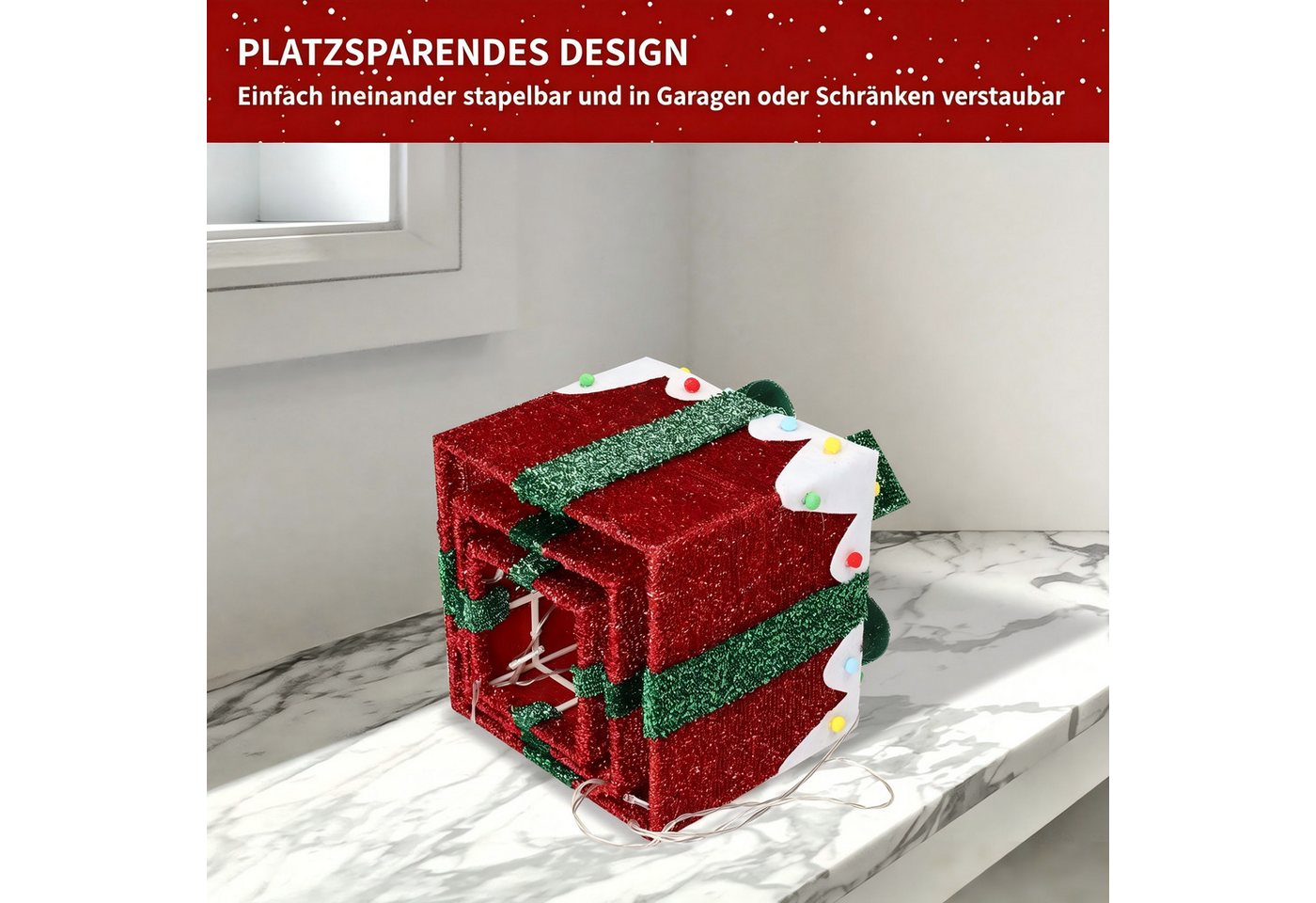 VINGLI LED Dekolicht 3er Set LED Geschenkboxen für Innen & Außen, 60 LEDs mit Baumwollbälle, Eisberg-Effekt, Bunte Kleine Baumwollbälle, Batteriebetrieben, Rot Bild 2