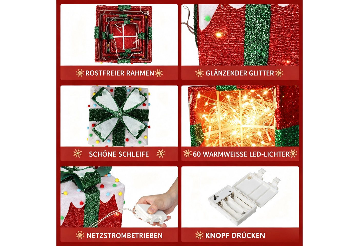 VINGLI LED Dekolicht 3er Set LED Geschenkboxen für Innen & Außen, 60 LEDs mit Baumwollbälle, Eisberg-Effekt, Bunte Kleine Baumwollbälle, Batteriebetrieben, Rot Bild 5