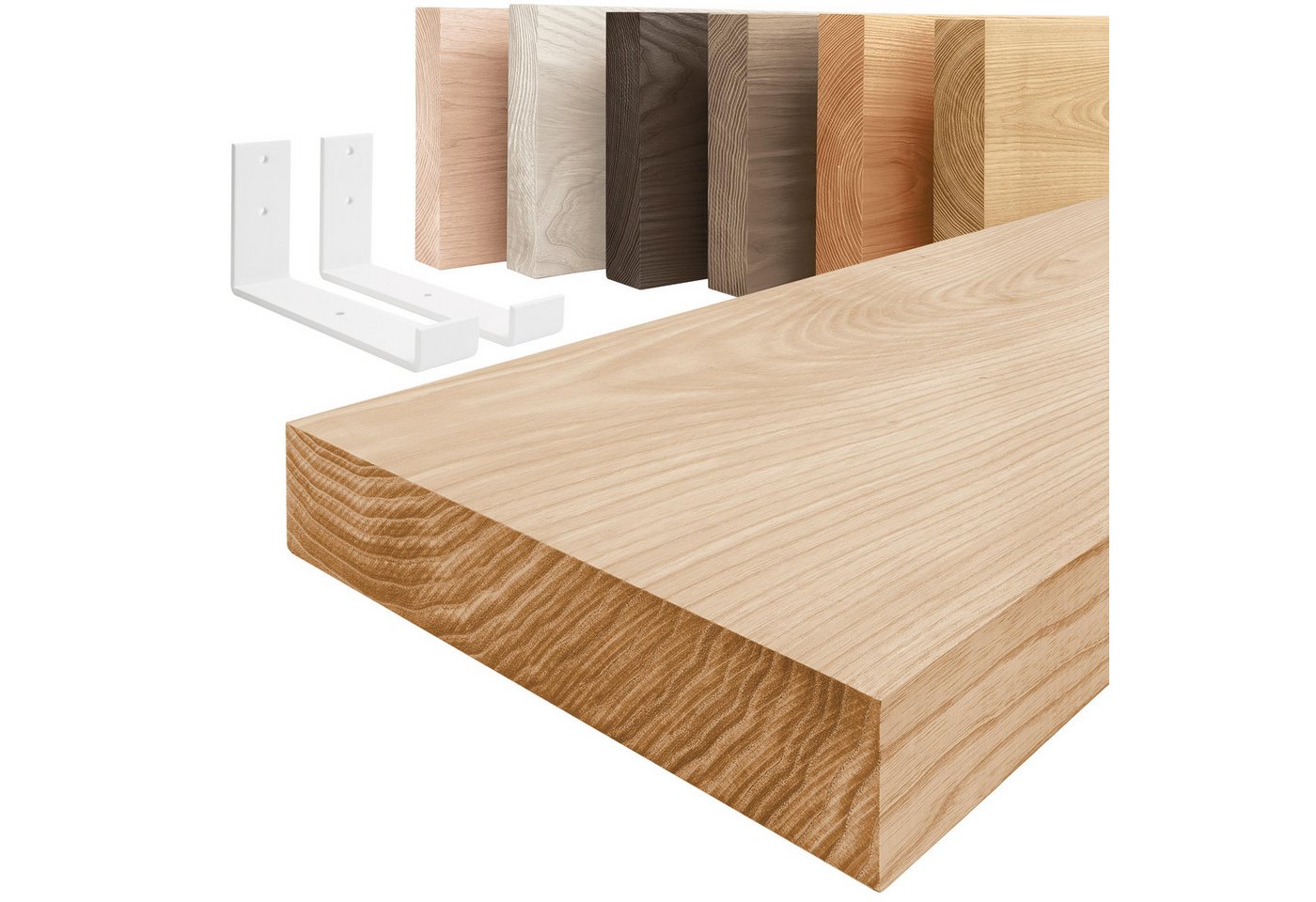 LAMO Manufaktur Wandregal Holz Gerade Regal Farbe: Natur mit weißem Industrial Regalträger 40 cm, Komplett-Set, 40mm stake Massivholzplatte Bild 4