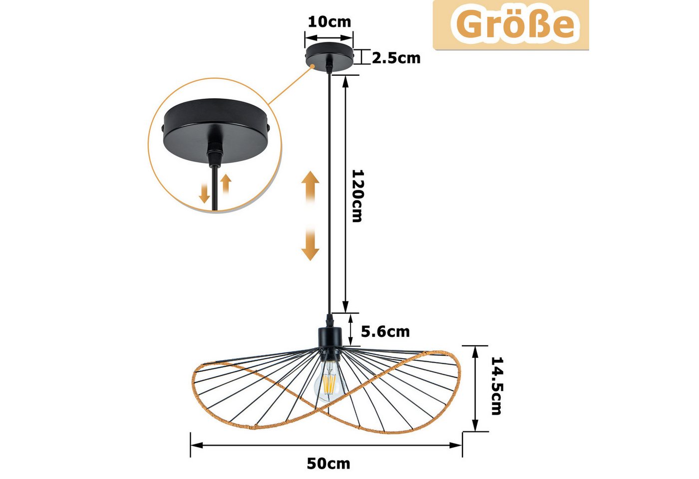 Nettlife Pendelleuchte Schwarz Retro Boho Hängelampe E27 Ø 50cm (ohne Leuchtmittel), ohne Leuchtmittel, für Lofts küche Esszimmer Industrie-Einrichtungen oder gastronomische Bild 3