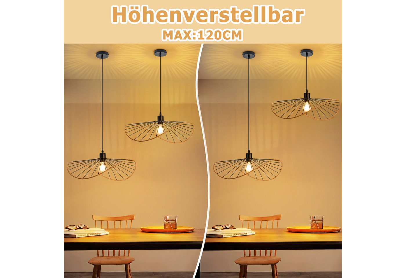 Nettlife Pendelleuchte Schwarz Retro Boho Hängelampe E27 Ø 50cm (ohne Leuchtmittel), ohne Leuchtmittel, für Lofts küche Esszimmer Industrie-Einrichtungen oder gastronomische Bild 4