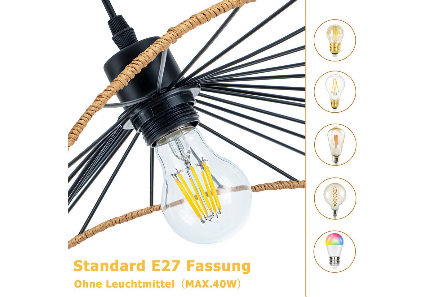 Nettlife Pendelleuchte Schwarz Retro Boho Hängelampe E27 Ø 50cm (ohne Leuchtmittel), ohne Leuchtmittel, für Lofts küche Esszimmer Industrie-Einrichtungen oder gastronomische Bild 5