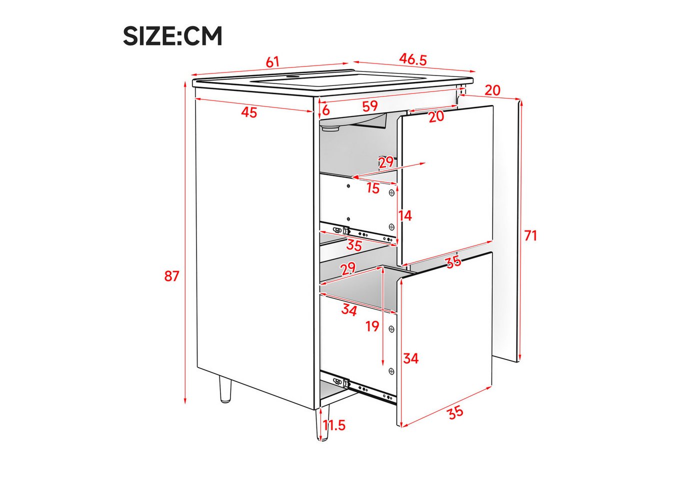 Ulife Waschtisch 61x46,5x87cm, freistehender, zwei Schubladen, hohes Fußdesign, weiß (1-St), hohes Fußdesign, Integriertes Keramik-Überlaufschutzbecken Bild 5