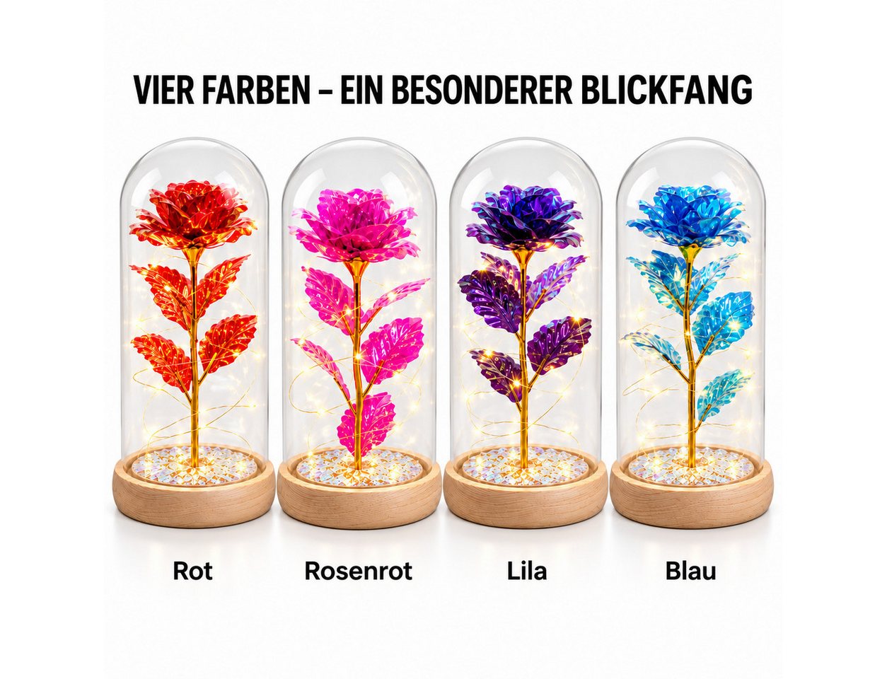 GOLDEN LED Dekofigur Das Biest Rose In Glaskuppel LED-Lichter Kristallrose Blumen Geschenk