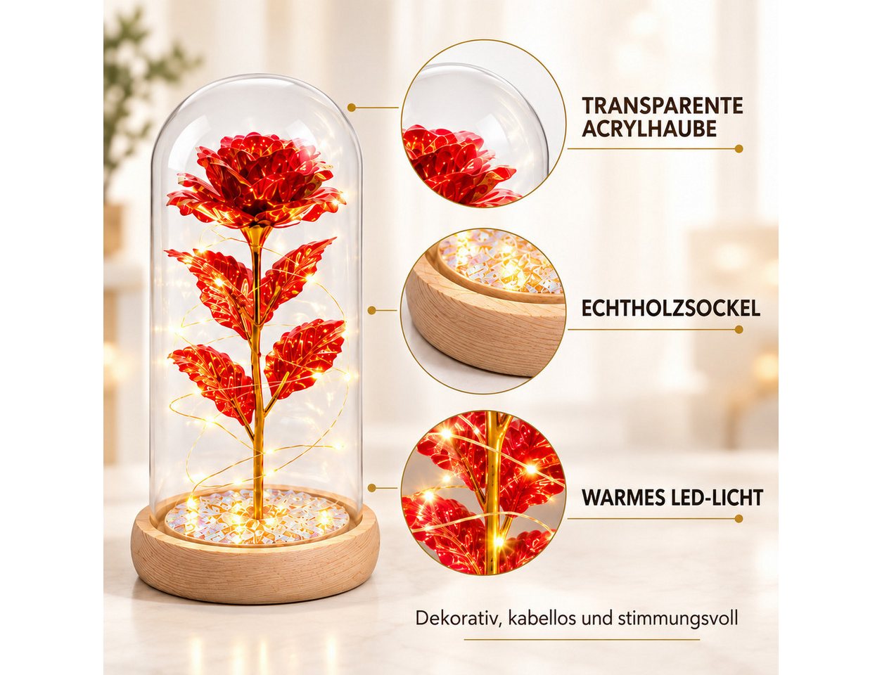 GOLDEN LED Dekofigur Das Biest Rose In Glaskuppel LED-Lichter Kristallrose Blumen Geschenk Bild 2