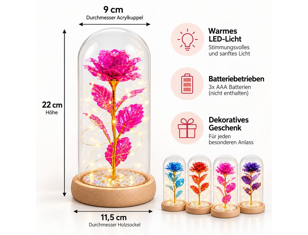 GOLDEN LED Dekofigur Das Biest Rose In Glaskuppel LED-Lichter Kristallrose Blumen Geschenk Bild 4