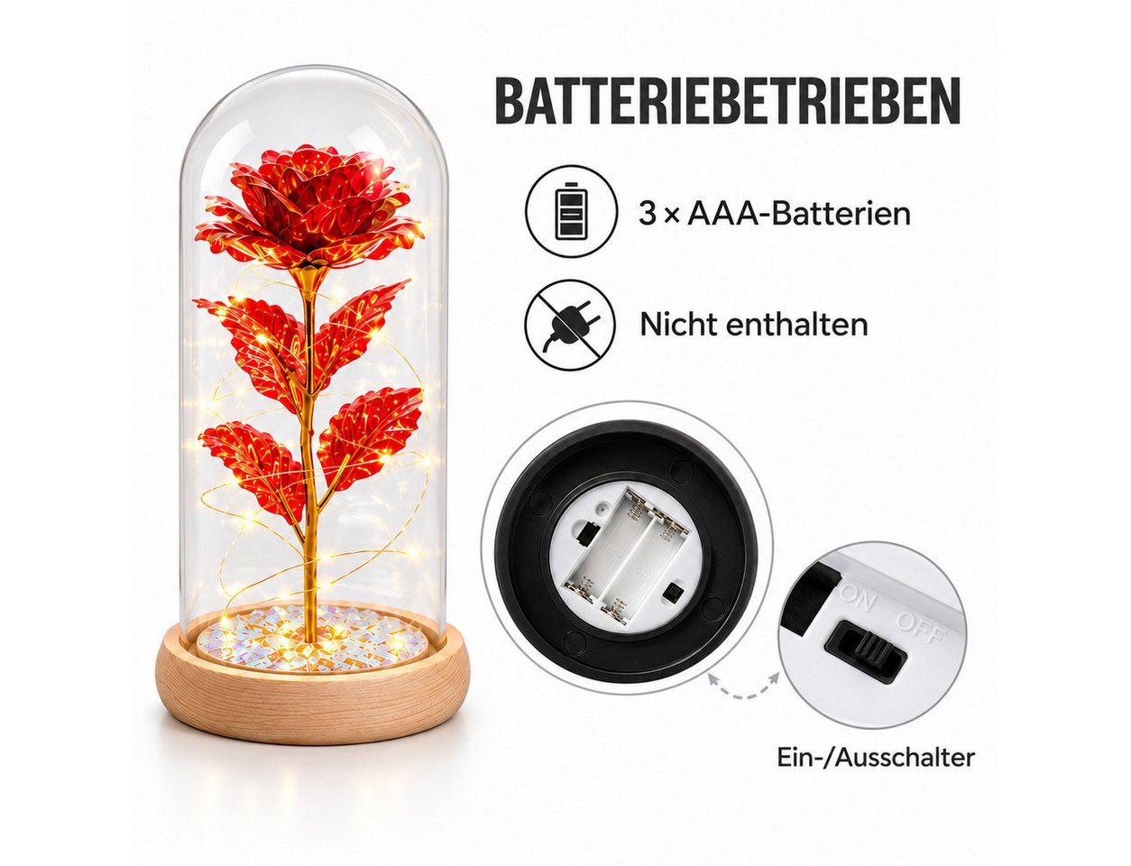 GOLDEN LED Dekofigur Das Biest Rose In Glaskuppel LED-Lichter Kristallrose Blumen Geschenk Bild 5