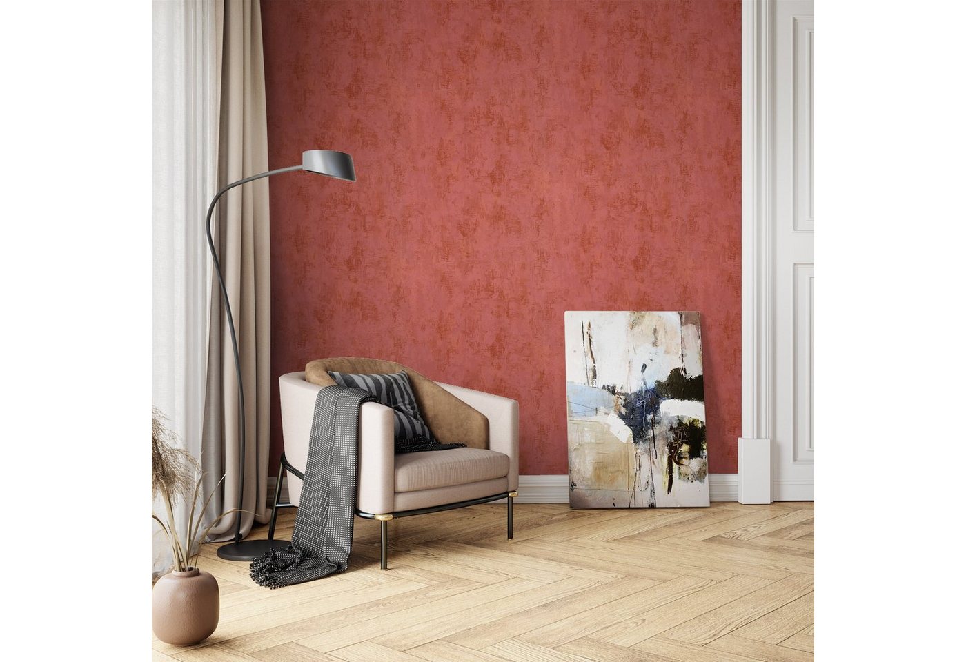 Newroom Vliestapete Uni Tapete Putz,Beton,Stein, Rot Struktur Uni Putz - Mustertapete Glanz Orange Gold Bauhaus Beton Stein für Büro Diele/Flur Schlafen, Mustertapete Bild 2