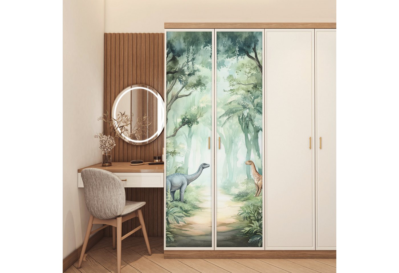 MuchoWow Türtapete Dino - Dschungel - Dinosaurier - Grün, Matt, bedruckt, (1 St), Selbstklebende Tapete, Folie für Möbel, 70x215 cm