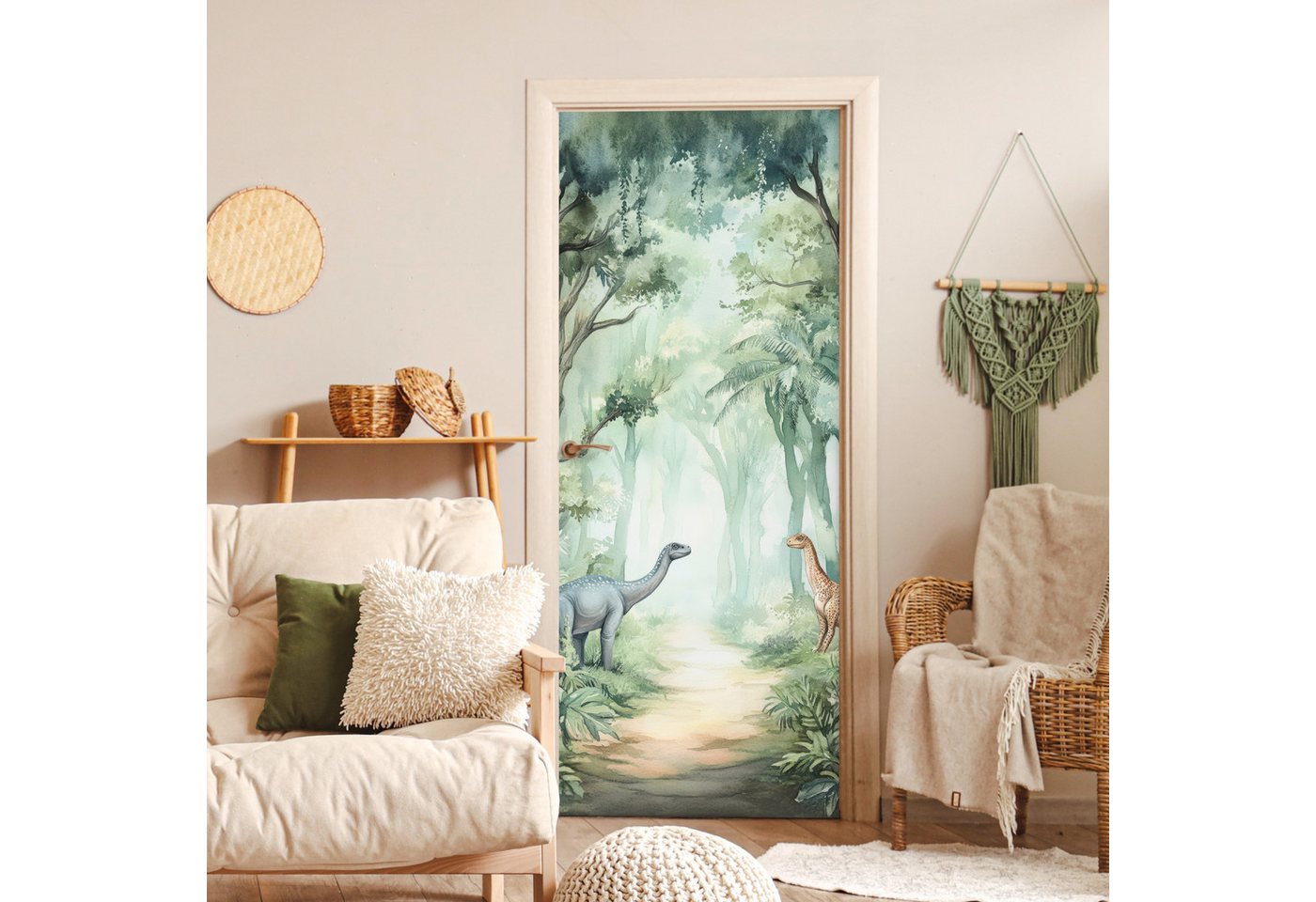 MuchoWow Türtapete Dino - Dschungel - Dinosaurier - Grün, Matt, bedruckt, (1 St), Selbstklebende Tapete, Folie für Möbel, 70x215 cm Bild 4