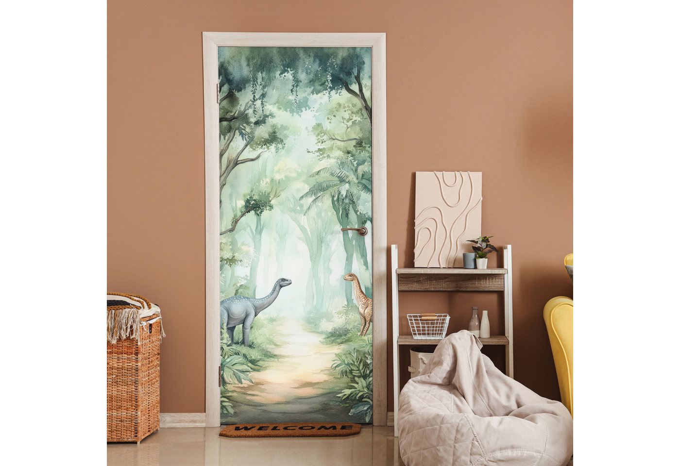 MuchoWow Türtapete Dino - Dschungel - Dinosaurier - Grün, Matt, bedruckt, (1 St), Selbstklebende Tapete, Folie für Möbel, 70x215 cm Bild 5