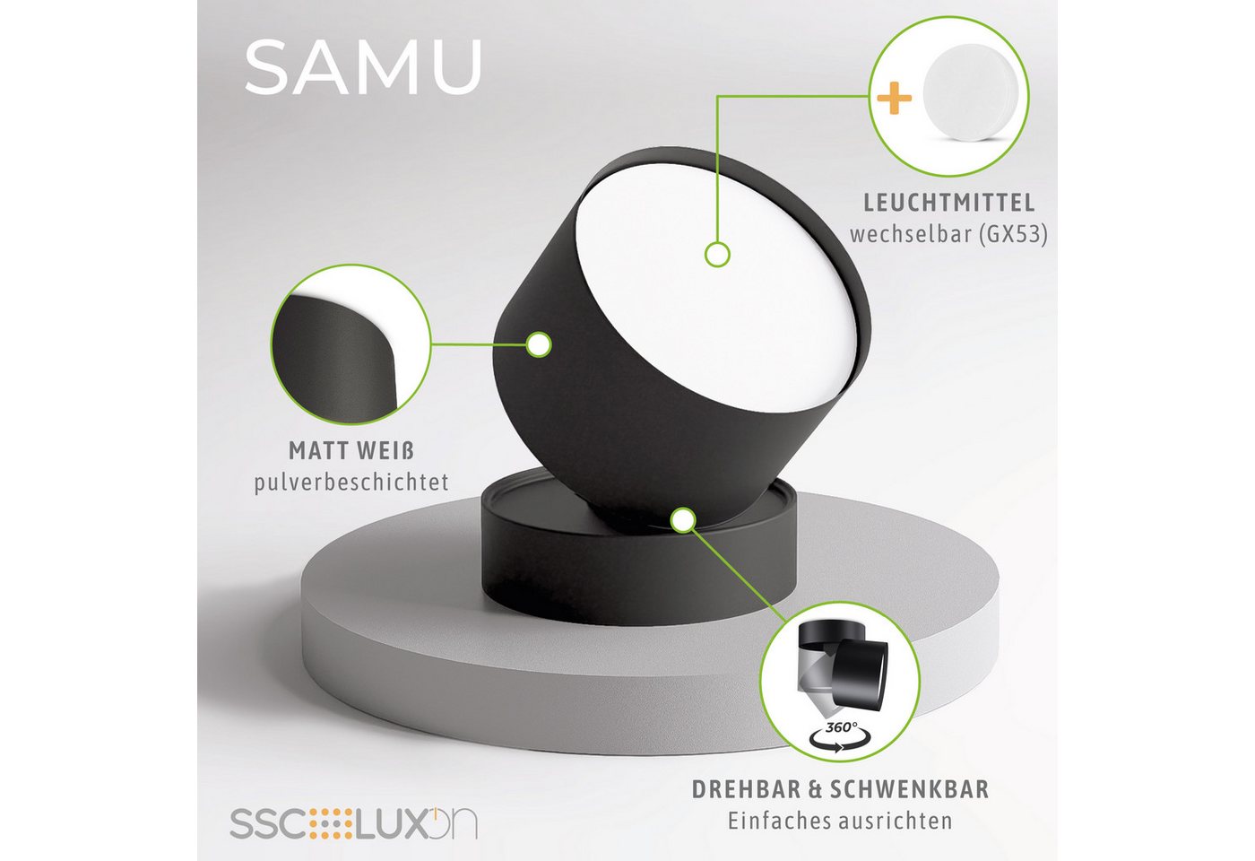 SSC-LUXon LED Aufbaustrahler SAMU Aufbauspot schwenkbar schwarz LED GX53 3W warm / neutral / kalt, Neutralweiß, Warmweiß, Tageslichtweiß Bild 5