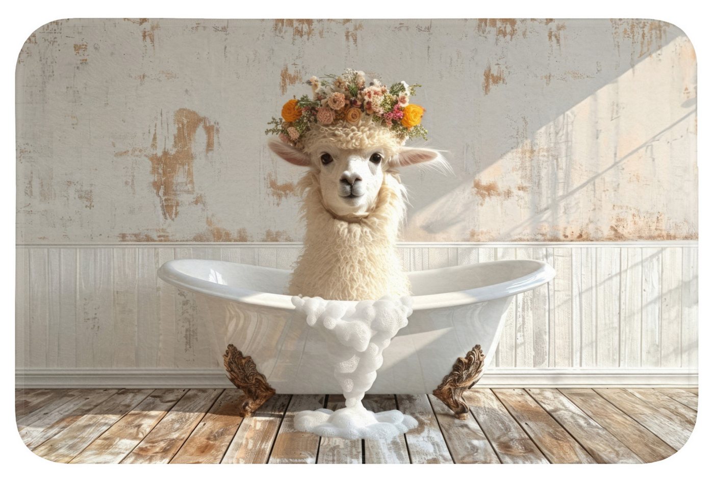 OnlyWow Badematte Vintage - Alpaka - Badewanne - Blumen - Tiere, Höhe 10 mm, Polyester, Rechteckig, Badezimmerteppich, Badteppich, Rutschfest, Badvorleger, Waschbar Bild 5