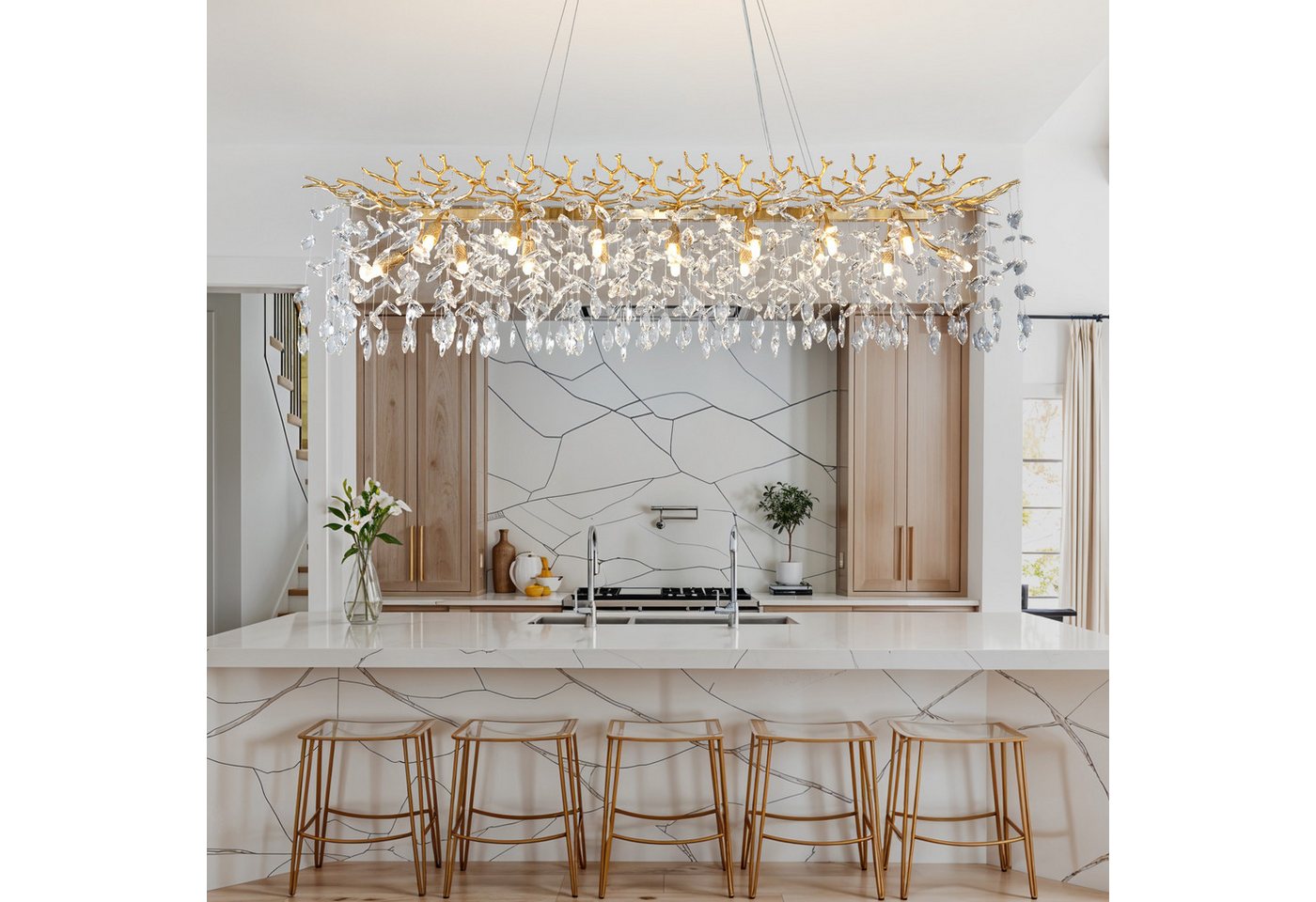 Surtime Kronleuchter rechteckig, 120 cm, Goldfarben, 14x G9, Kristall, 16 G9-Fassungen für gleichmäßiges Licht, LED wechselbar, 3000 K Warmweiß, K9-Kristalldesign