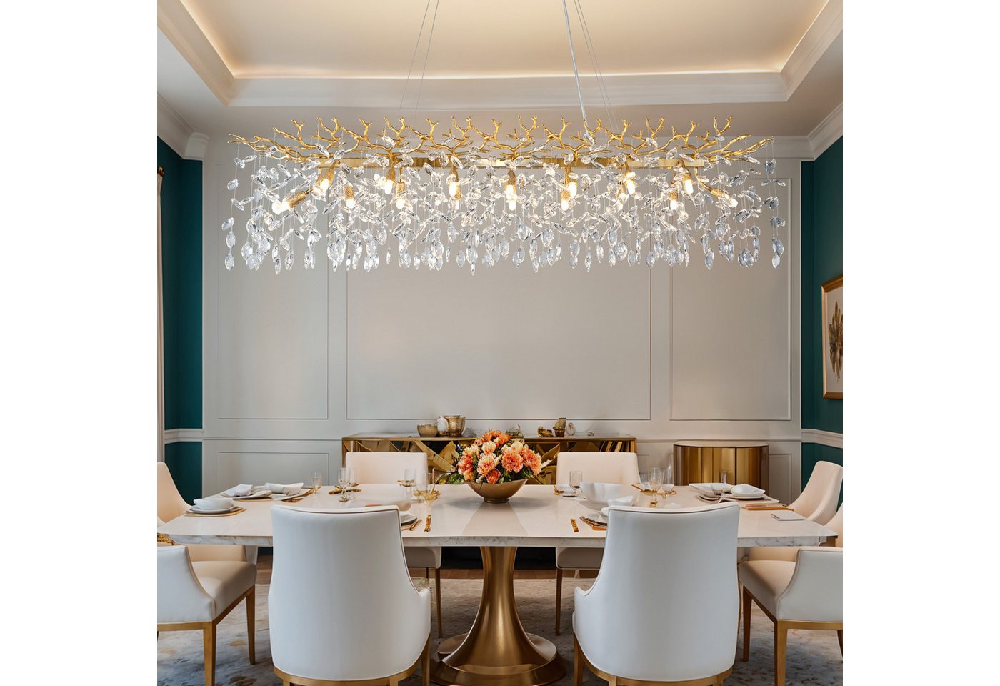 Surtime Kronleuchter rechteckig, 120 cm, Goldfarben, 14x G9, Kristall, 16 G9-Fassungen für gleichmäßiges Licht, LED wechselbar, 3000 K Warmweiß, K9-Kristalldesign Bild 2