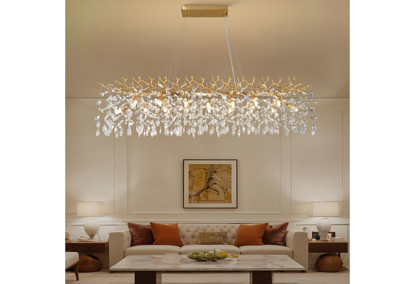 Surtime Kronleuchter rechteckig, 120 cm, Goldfarben, 14x G9, Kristall, 16 G9-Fassungen für gleichmäßiges Licht, LED wechselbar, 3000 K Warmweiß, K9-Kristalldesign Bild 3