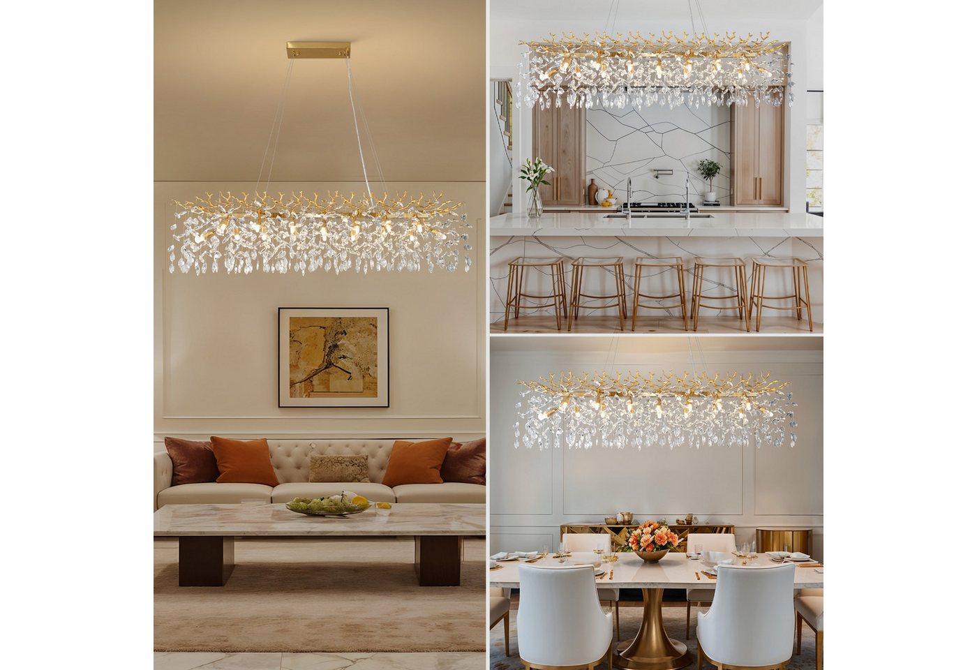 Surtime Kronleuchter rechteckig, 120 cm, Goldfarben, 14x G9, Kristall, 16 G9-Fassungen für gleichmäßiges Licht, LED wechselbar, 3000 K Warmweiß, K9-Kristalldesign Bild 4