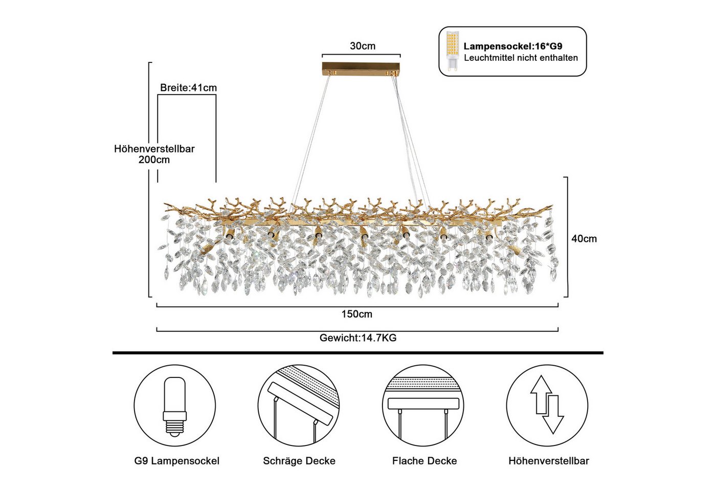 Surtime Kronleuchter rechteckig, 120 cm, Goldfarben, 14x G9, Kristall, 16 G9-Fassungen für gleichmäßiges Licht, LED wechselbar, 3000 K Warmweiß, K9-Kristalldesign Bild 5