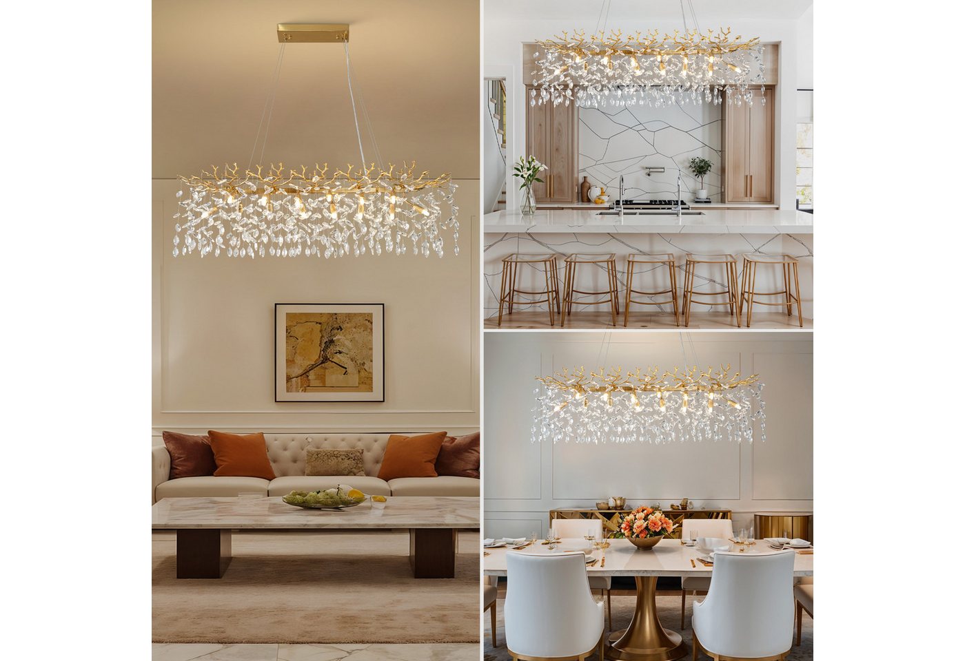 Surtime Kronleuchter rechteckig, 120 cm, Goldfarben, 14x G9, Kristall, 14 G9-Fassungen für gleichmäßiges Licht, LED wechselbar, 3000 K Warmweiß, K9-Kristalldesign