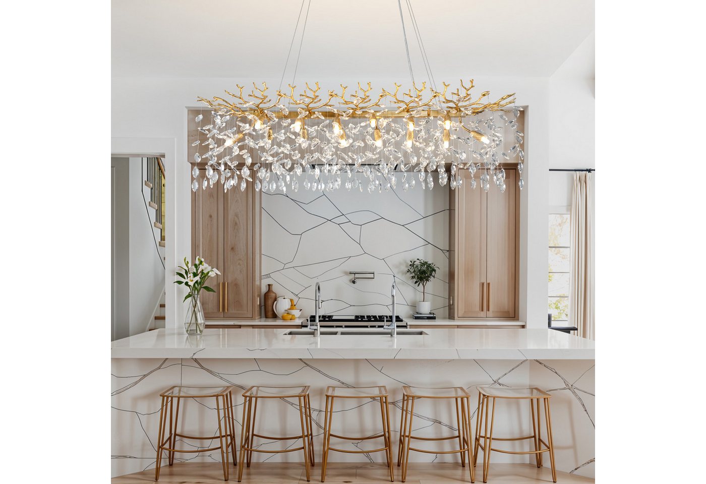 Surtime Kronleuchter rechteckig, 120 cm, Goldfarben, 14x G9, Kristall, 14 G9-Fassungen für gleichmäßiges Licht, LED wechselbar, 3000 K Warmweiß, K9-Kristalldesign Bild 2
