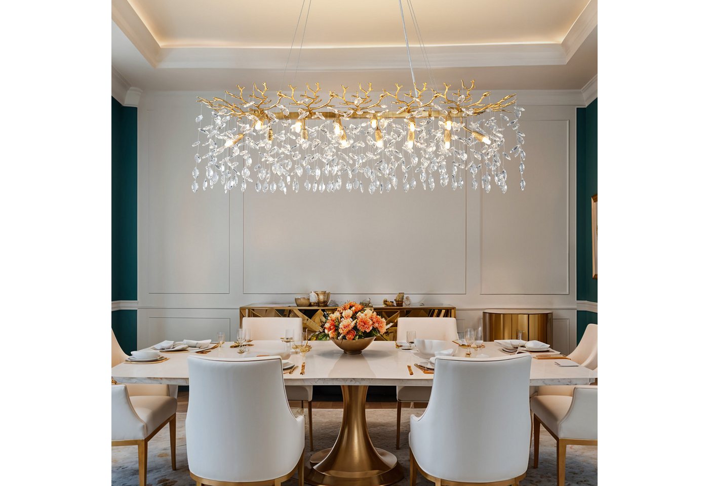 Surtime Kronleuchter rechteckig, 120 cm, Goldfarben, 14x G9, Kristall, 14 G9-Fassungen für gleichmäßiges Licht, LED wechselbar, 3000 K Warmweiß, K9-Kristalldesign Bild 3