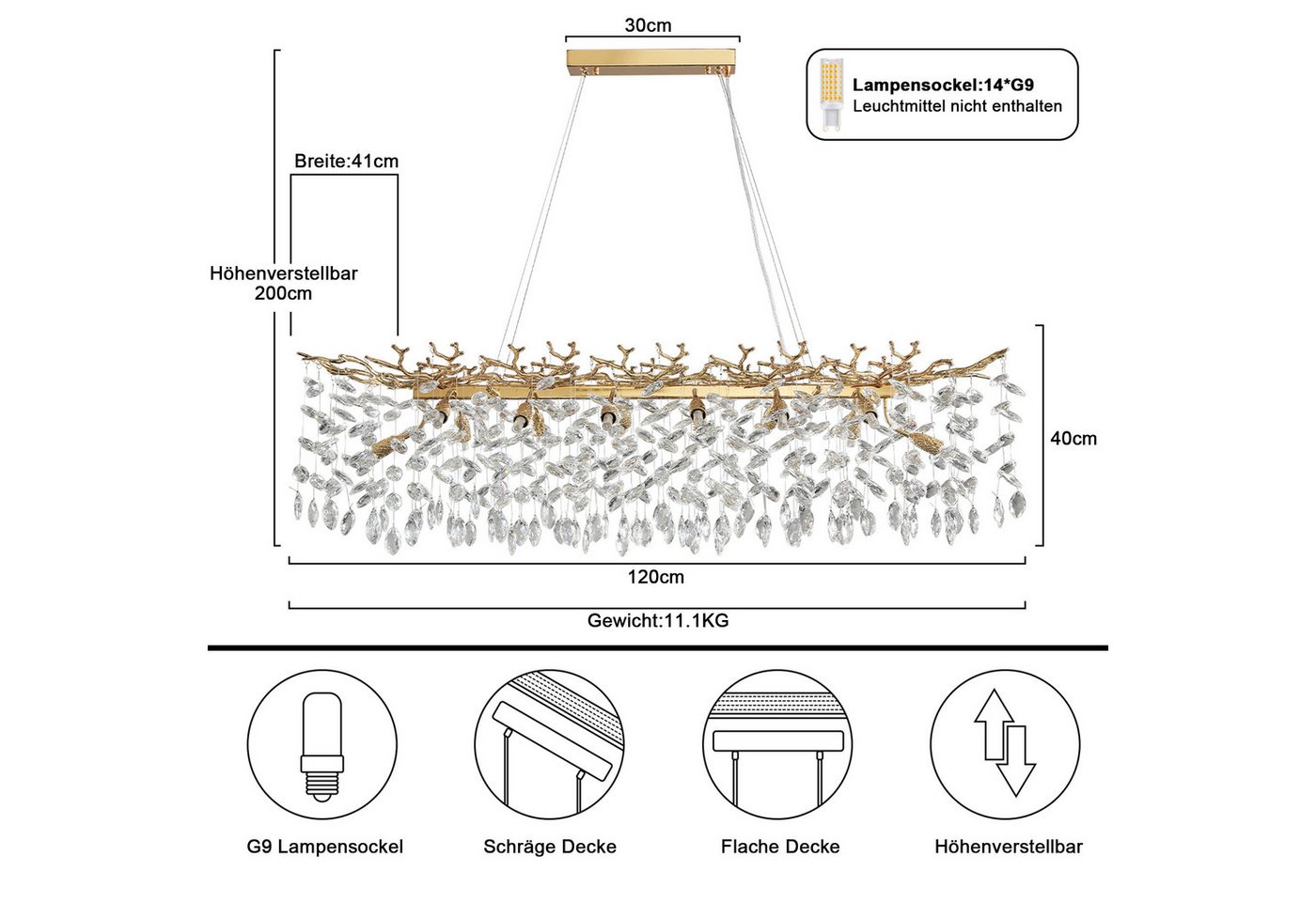 Surtime Kronleuchter rechteckig, 120 cm, Goldfarben, 14x G9, Kristall, 14 G9-Fassungen für gleichmäßiges Licht, LED wechselbar, 3000 K Warmweiß, K9-Kristalldesign Bild 4