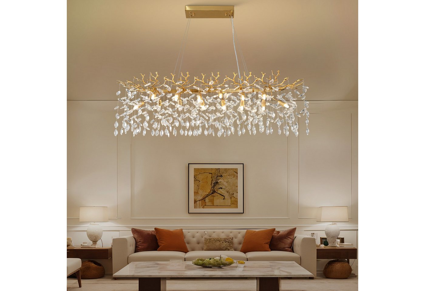 Surtime Kronleuchter rechteckig, 120 cm, Goldfarben, 14x G9, Kristall, 14 G9-Fassungen für gleichmäßiges Licht, LED wechselbar, 3000 K Warmweiß, K9-Kristalldesign Bild 5