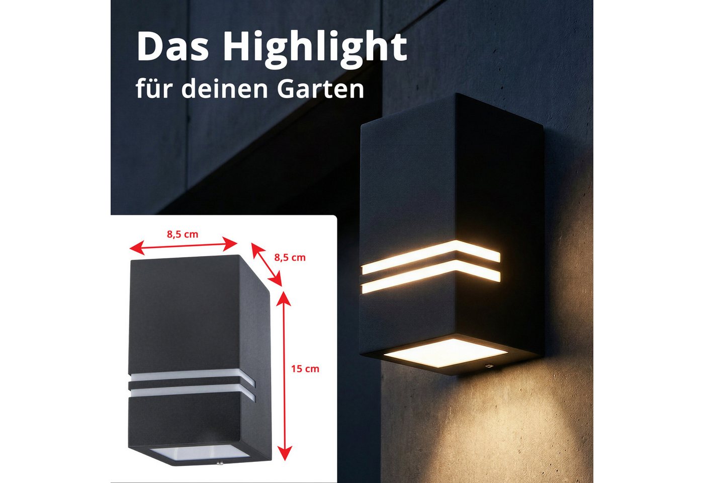 Grafner Außen-Wandleuchte Wandlampe Edelstahl Leuchte Lichtschein Down/Unten, ohne Leuchtmittel, Maße (B x H): Ca. 8,5 x 15cm
