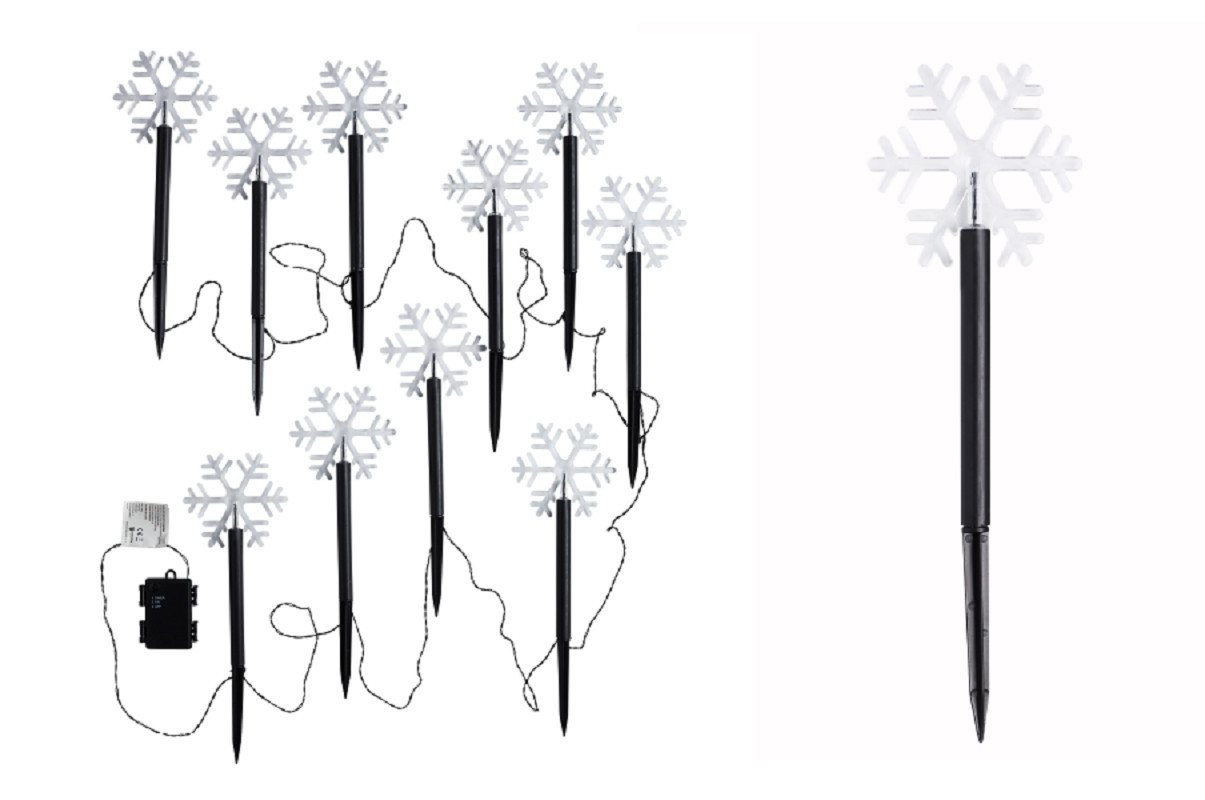Gartenpirat Gartenleuchte LED Leuchtstäbe Schneeflocke warmweiß 10 Erdspieße Batteriebox Timer, LED fest integriert, Warmweiß, Batteriebox, Timerfunktion
