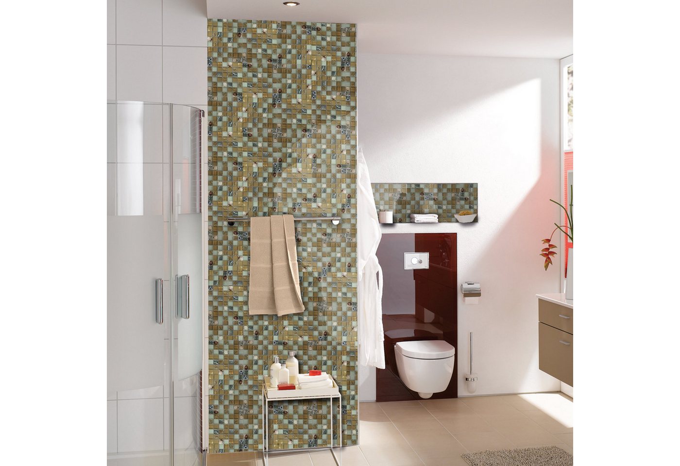 Mosafil Mosaikfliesen Glas Muschel Mosaikfliesen Byron, Glas 30.000x30.000, weiß-beige-braun-silber, Verlegefertig auf ein Netz geklebt - Wasserfest