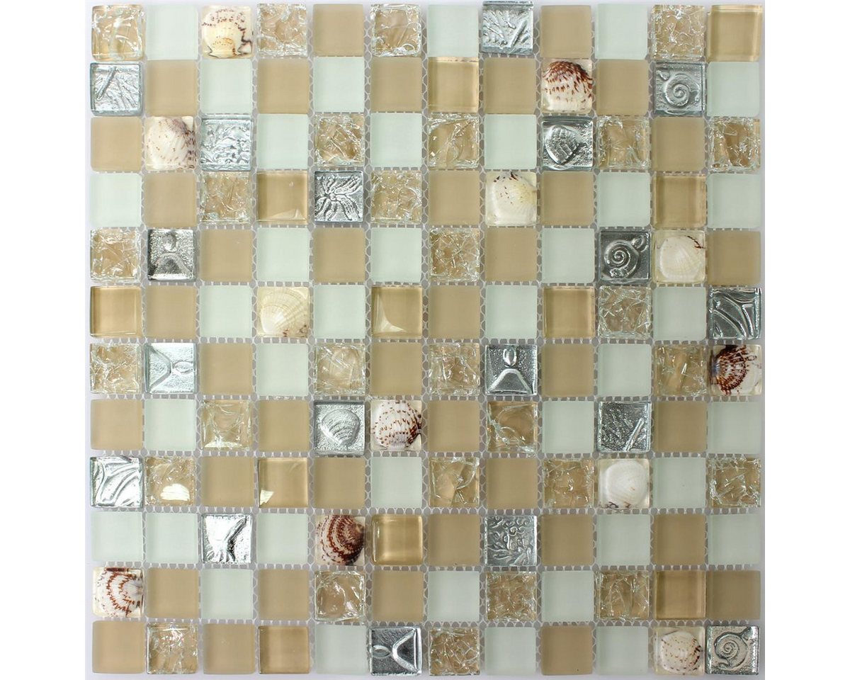 Mosafil Mosaikfliesen Glas Muschel Mosaikfliesen Byron, Glas 30.000x30.000, weiß-beige-braun-silber, Verlegefertig auf ein Netz geklebt - Wasserfest Bild 2